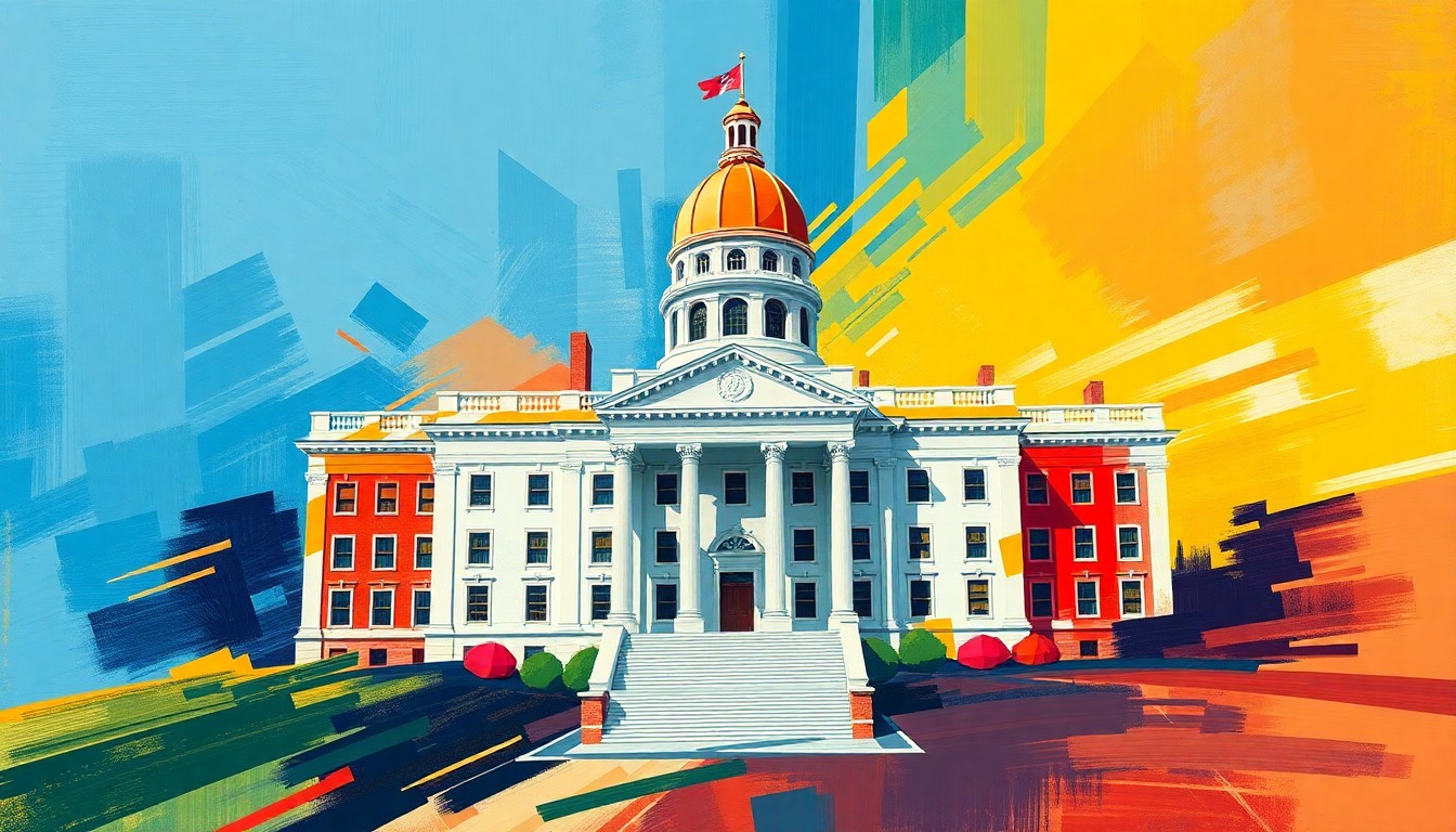 A dynamic, abstract painting featuring the Maine State House in Augusta, with overlapping geometric shapes and waves of color representing the fast-paced legislative process.