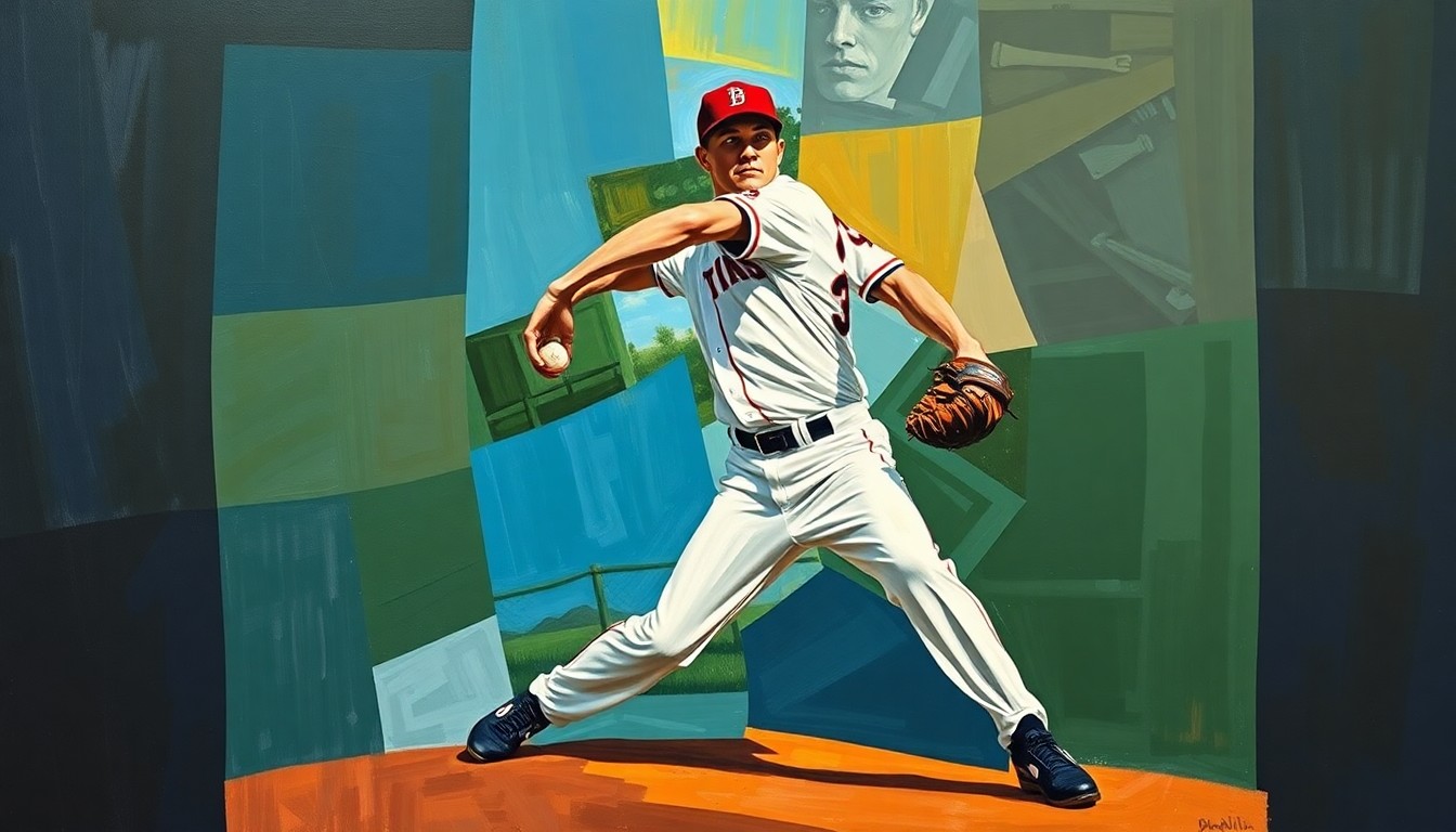 A cubist-style painting depicting a baseball pitcher's windup and delivery broken down into sharp, overlapping geometric shapes and planes, conceptually representing the fluid nature of roster management in professional baseball.