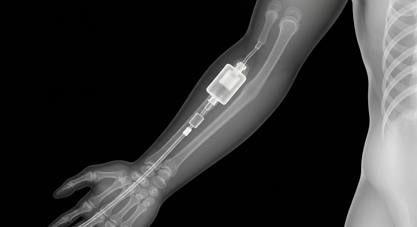 A ghostly, translucent X-ray image of a human arm with an intravenous line inserted, glowing against a dark background, conceptually representing the life-saving power of the paramedic blood transfusion program.