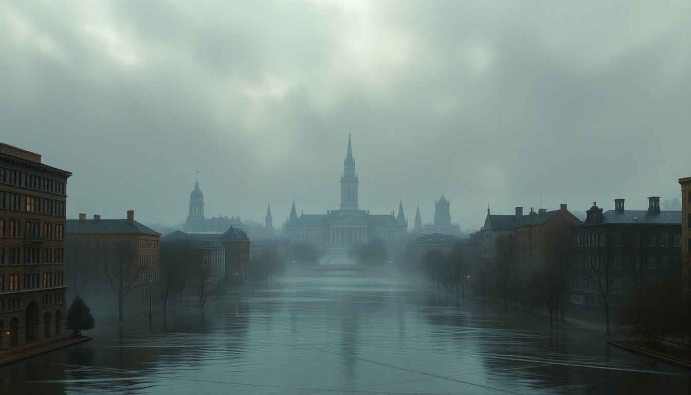 A vast, atmospheric landscape painting in muted tones of gray, blue, and green, depicting a flooded city street in the foreground with the towering, fog-shrouded buildings of a university campus fading into the distance, conveying a sense of the overwhelming power of nature.