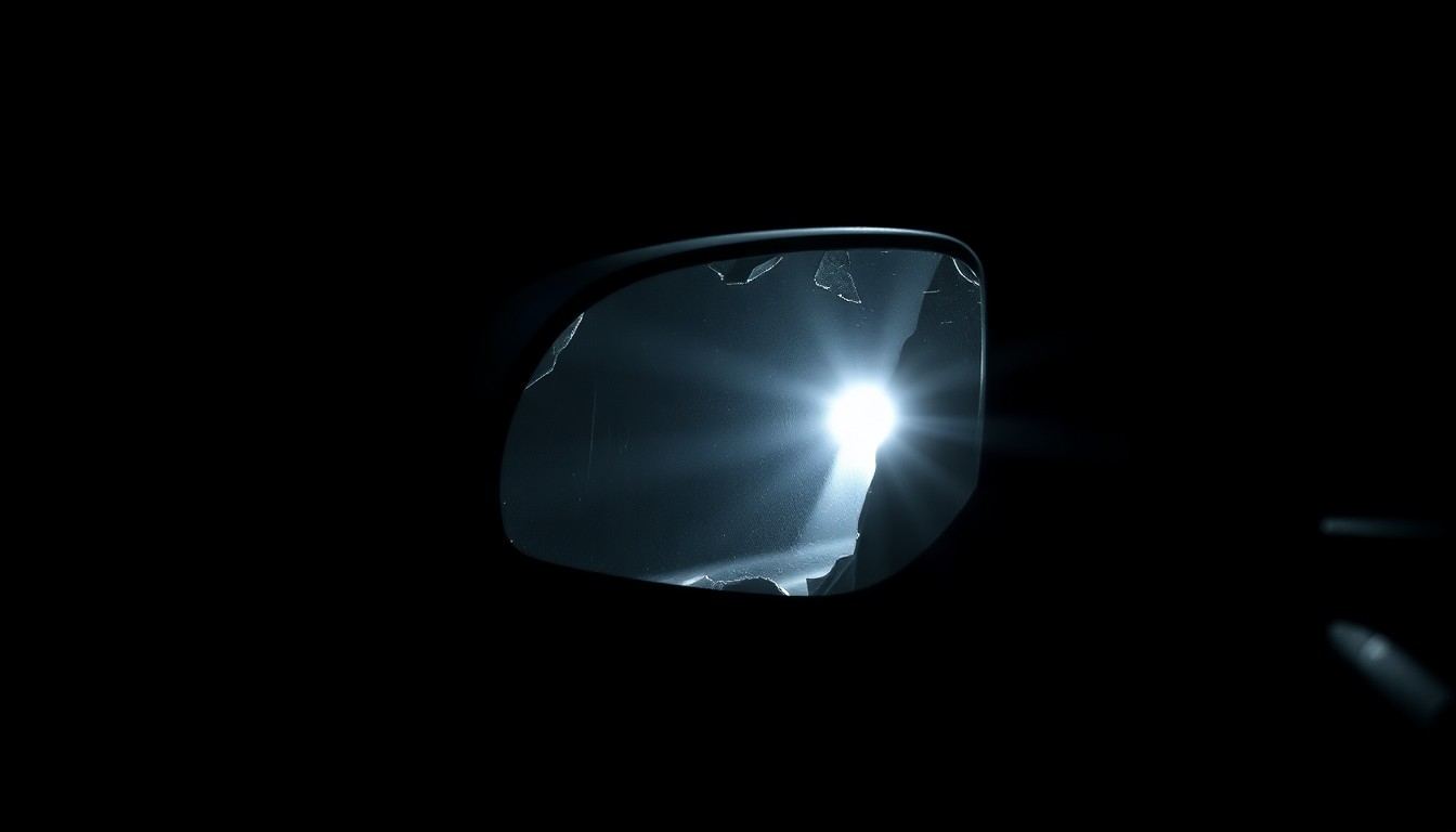 An extreme close-up of a damaged car side mirror reflecting a bright flash of light, conceptually illustrating the aftermath of a vehicular attack.