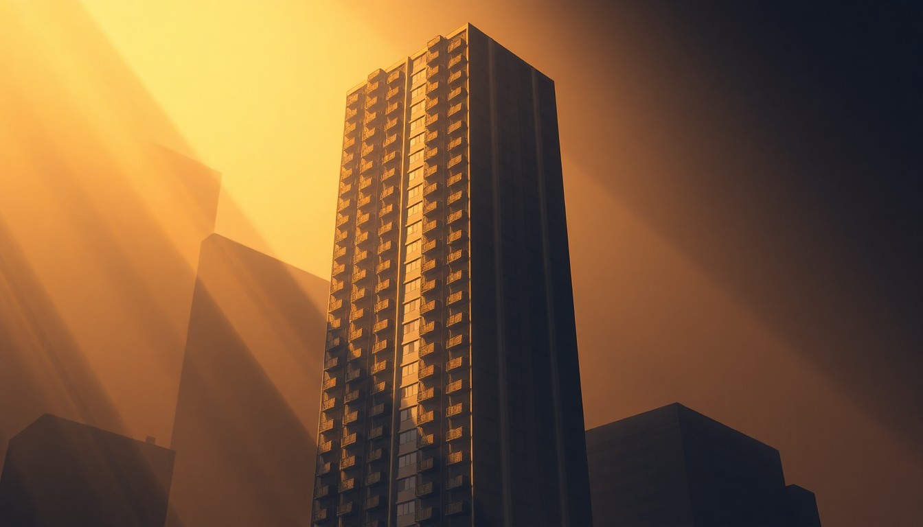 A serene, photorealistic painting of a towering glass and steel high-rise apartment building, its windows reflecting the warm glow of the setting sun, conveying a sense of urban isolation and wealth.