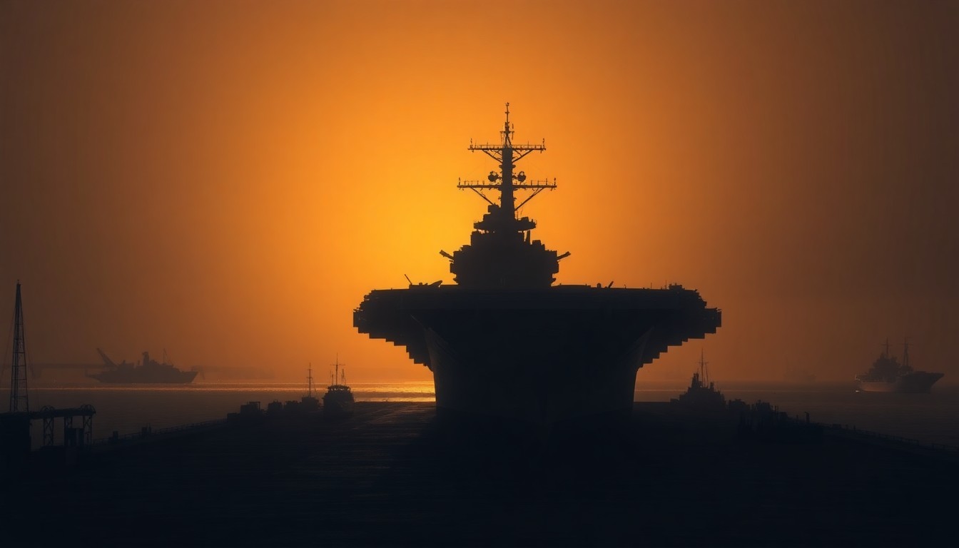 A serene, cinematic painting depicting the USS Gerald R. Ford aircraft carrier docked in Norfolk, Virginia, with the ship's silhouette bathed in warm, golden light and deep shadows, conveying a sense of quiet contemplation about the vessel's extended deployment and the challenges facing the U.S. Navy.