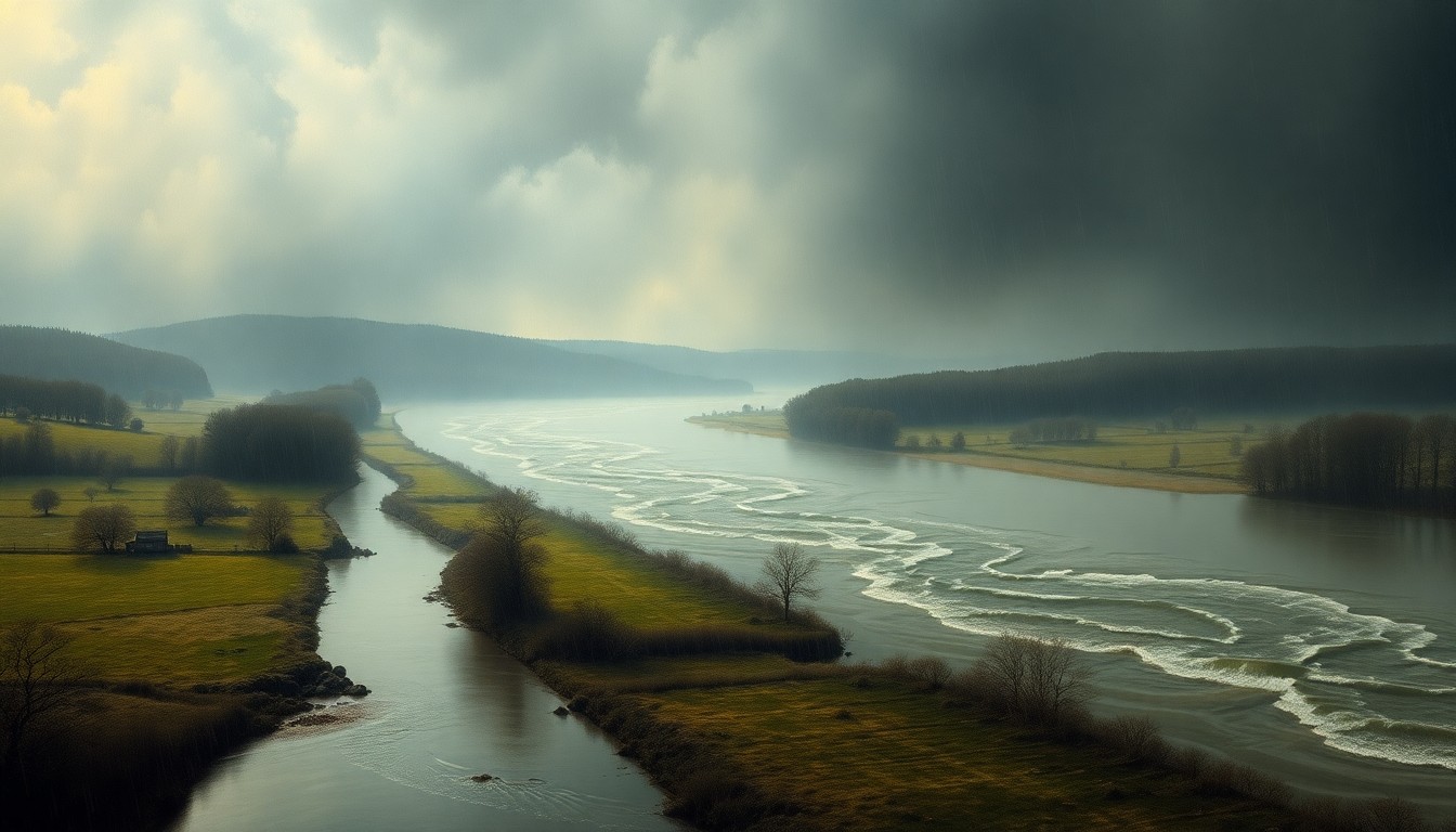 A vast, atmospheric landscape painting depicting a flooded rural scene, with a swollen river cutting through the frame. The composition uses deep perspective and dramatic lighting to convey the overwhelming scale and power of the natural disaster.