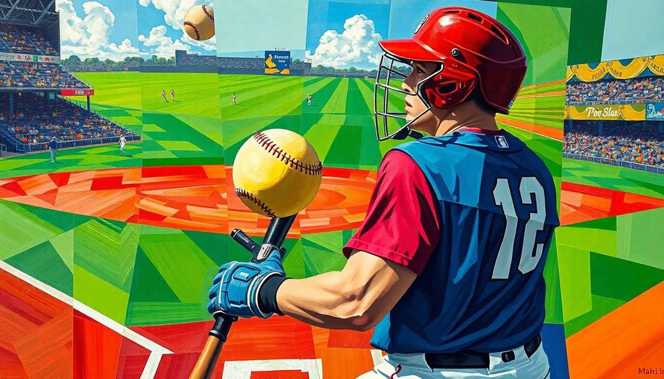 A cubist, geometric painting depicting a baseball catcher being struck by a foul ball, with the action broken down into sharp, overlapping planes of vibrant colors representing the baseball diamond, catcher's gear, and the foul ball itself.