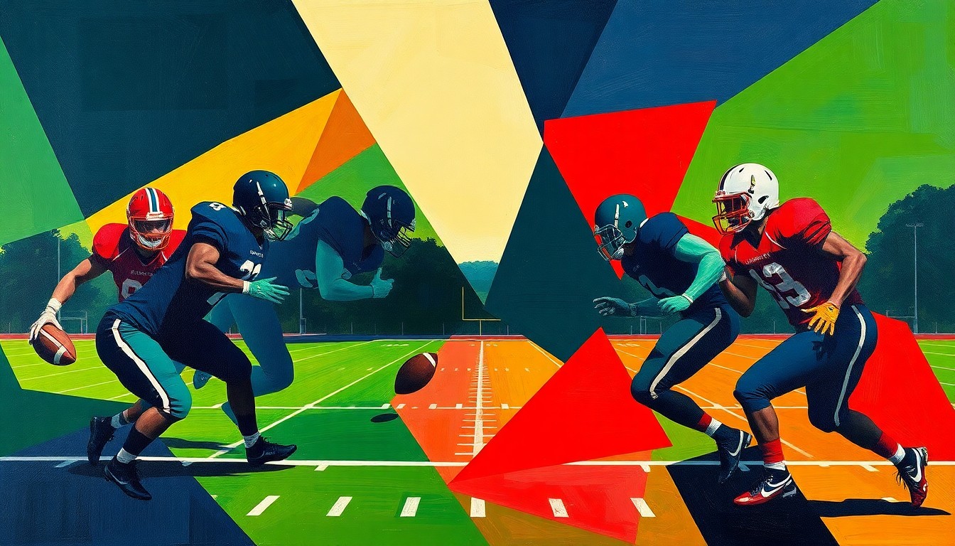 A fragmented, cubist-style painting depicting a high school football game, with players and the field broken down into sharp, overlapping geometric shapes in a bold color palette, conveying the disruptive impact of a star player's transfer.