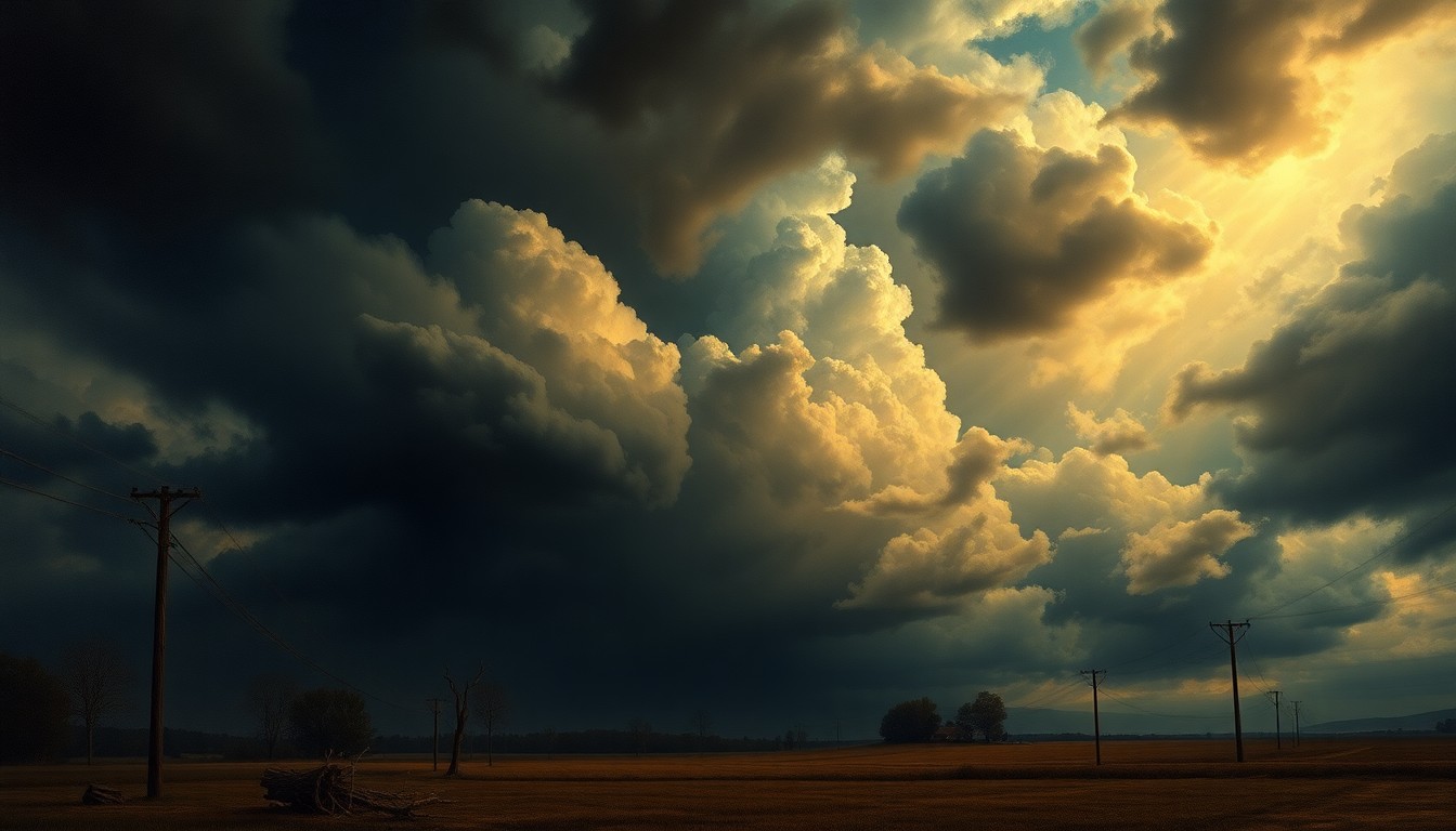 A sweeping landscape painting in muted tones, with a dark, turbulent sky dominating the scene and fallen trees and power lines in the foreground, conveying the overwhelming power of the severe weather event.