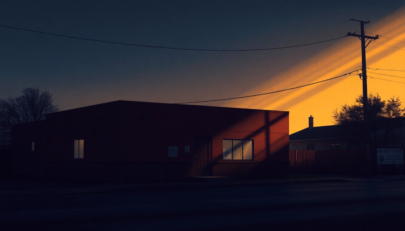 A serene, photorealistic painting of a two-story brick building with large windows, its facade cast in warm, golden light and deep shadows, conveying a sense of resilience and community purpose.