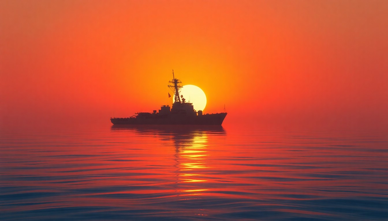A serene, painterly depiction of a lone military vessel silhouetted against an orange sunset sky, its reflection rippling in the calm Eastern Pacific waters, conveying a sense of quiet contemplation about the consequences of military action in the region.