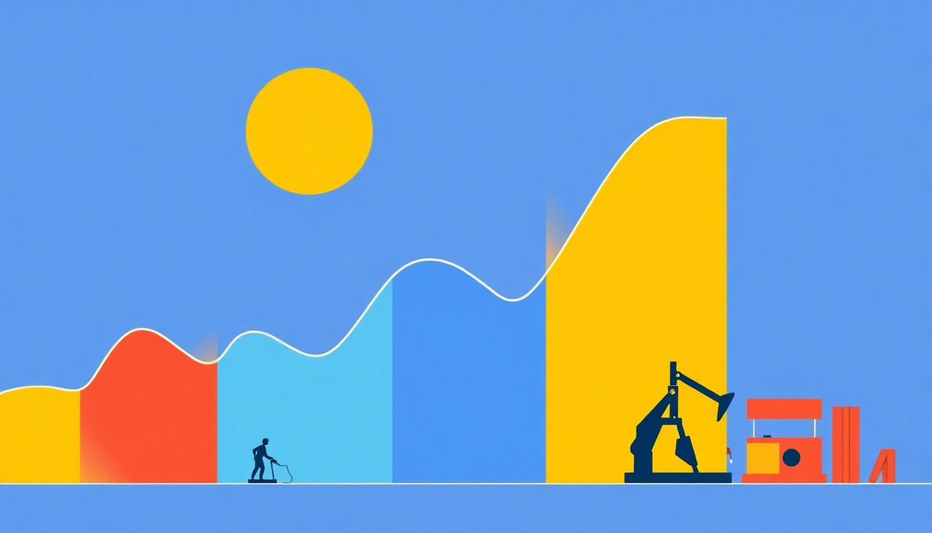 A minimalist composition of overlapping triangles and circles in shades of blue, red, and yellow, conceptually representing the relationship between oil prices and the Indian stock market.