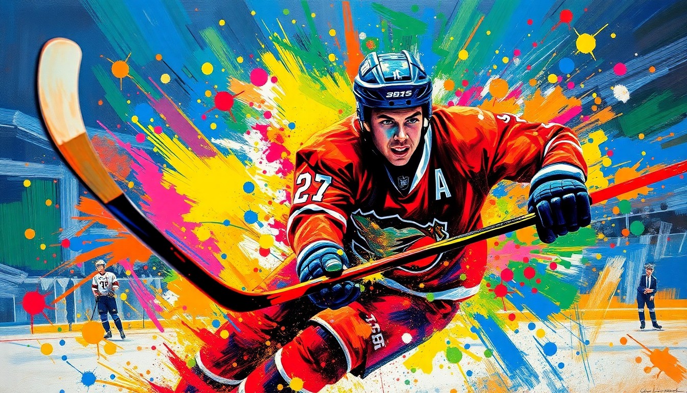 An abstract, expressionist painting in vibrant neon colors depicting the dynamic movement and energy of an NHL defenseman scoring a goal, with the player's features dissolving into unrecognizable brushstrokes.