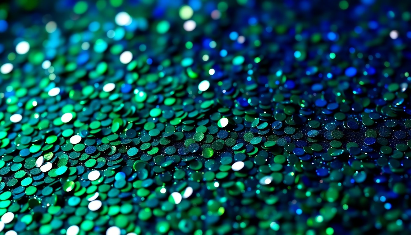 An extreme close-up photograph of intricately textured, glittering sequins in shades of emerald green and royal blue, conceptually representing the glamour and prestige of an awards show honoring sustainability champions in the music industry.