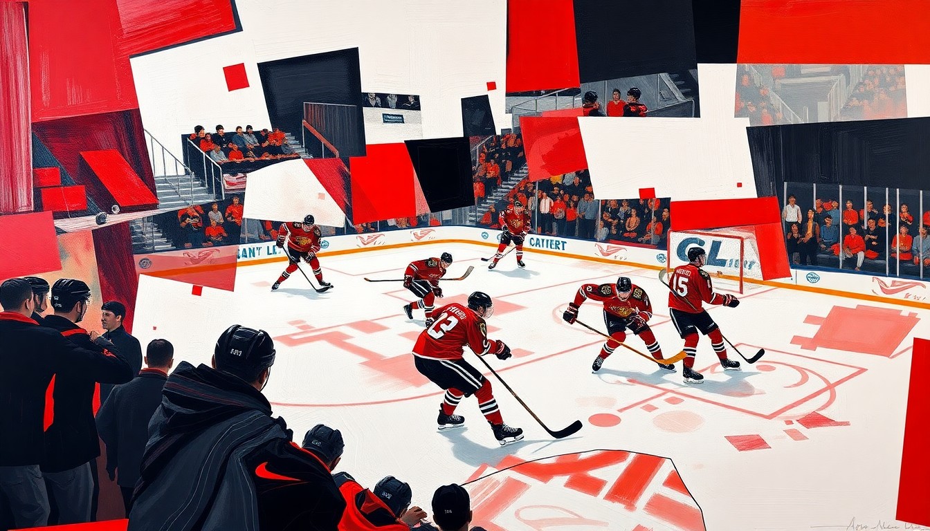 A cubist, geometric painting in the Blackhawks' team colors, breaking down a hockey scene into sharp, overlapping planes and shapes, representing the team's rebuilding process under GM Kyle Davidson.