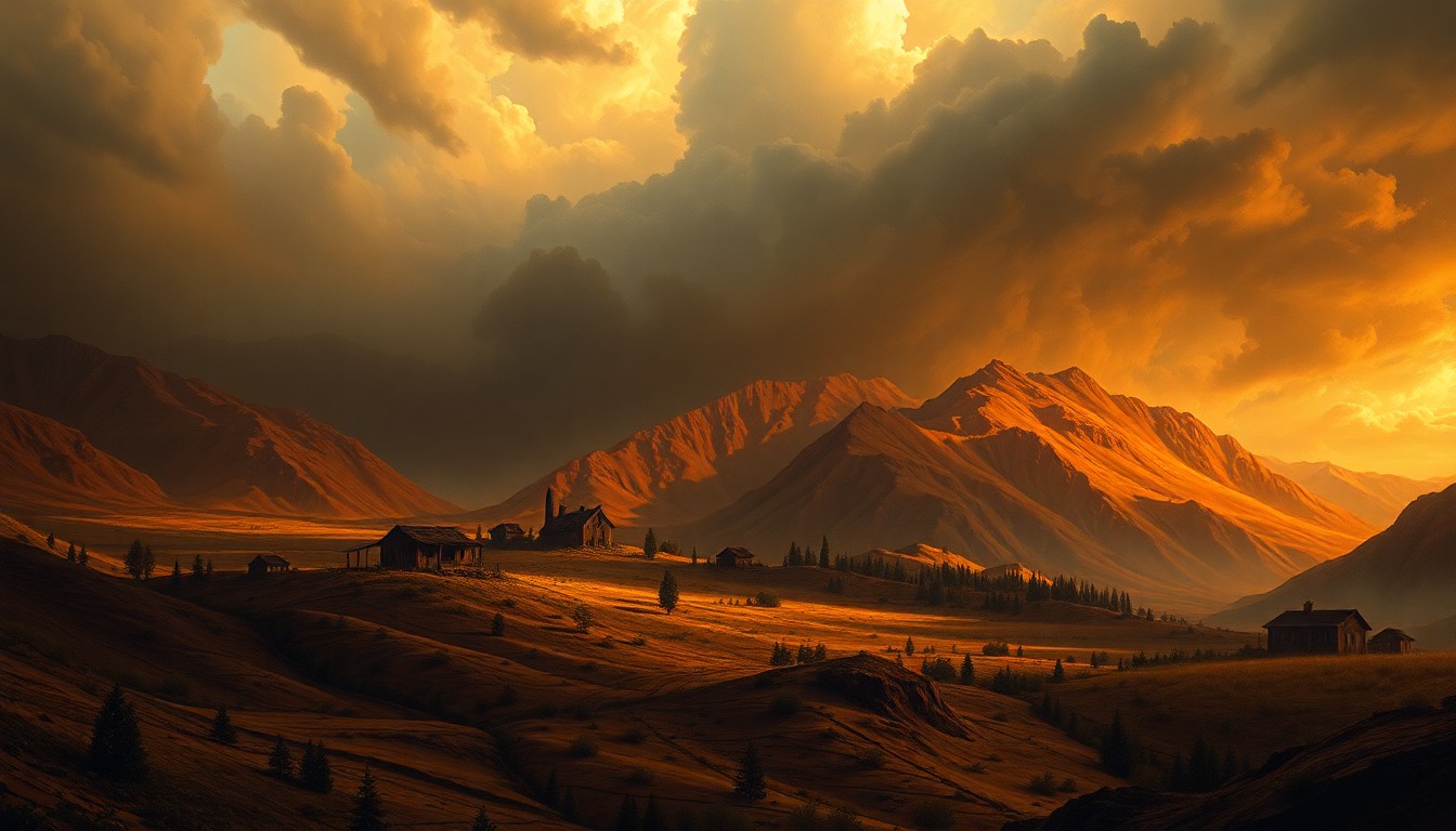 A vast, atmospheric landscape painting depicting a wildfire-ravaged terrain, with the remaining structures and homes dwarfed by the dramatic, sweeping clouds and dramatic lighting, conveying the sublime power of the natural disaster.