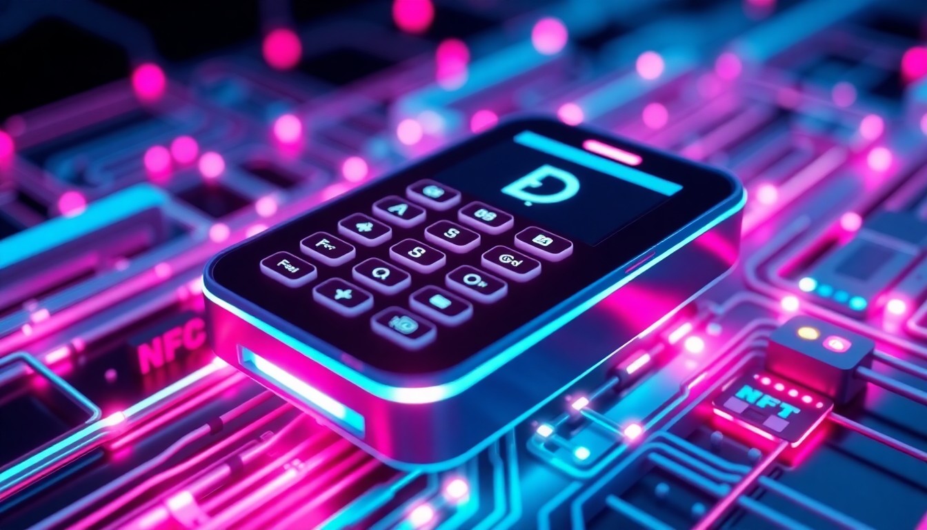 A highly detailed, glowing 3D macro illustration of a futuristic NFC payment terminal with neon cyan and magenta lights, conceptually representing the complex digital infrastructure behind mobile payments.