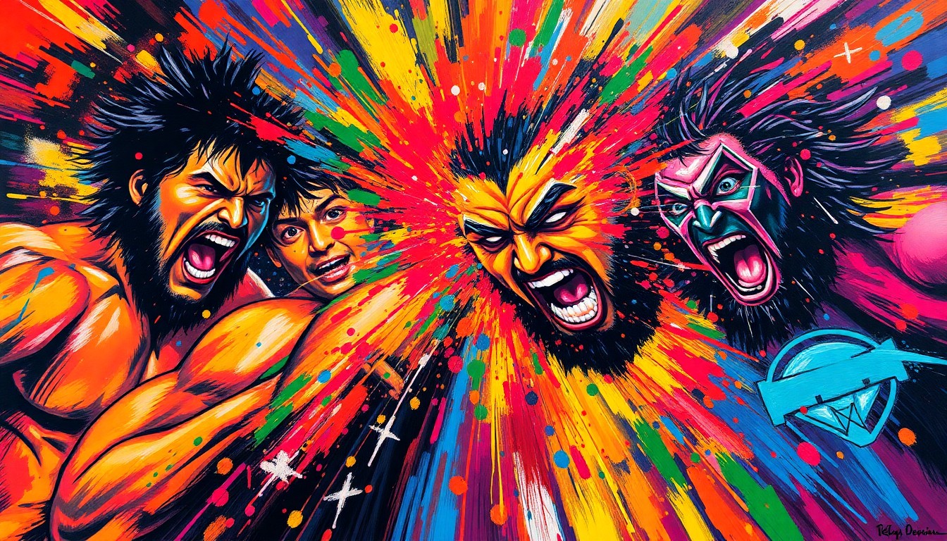 An abstract, expressionist painting in vibrant neon colors, capturing the intense energy and physicality of a professional wrestling match, with figures and details blending together in a dynamic, almost chaotic composition.