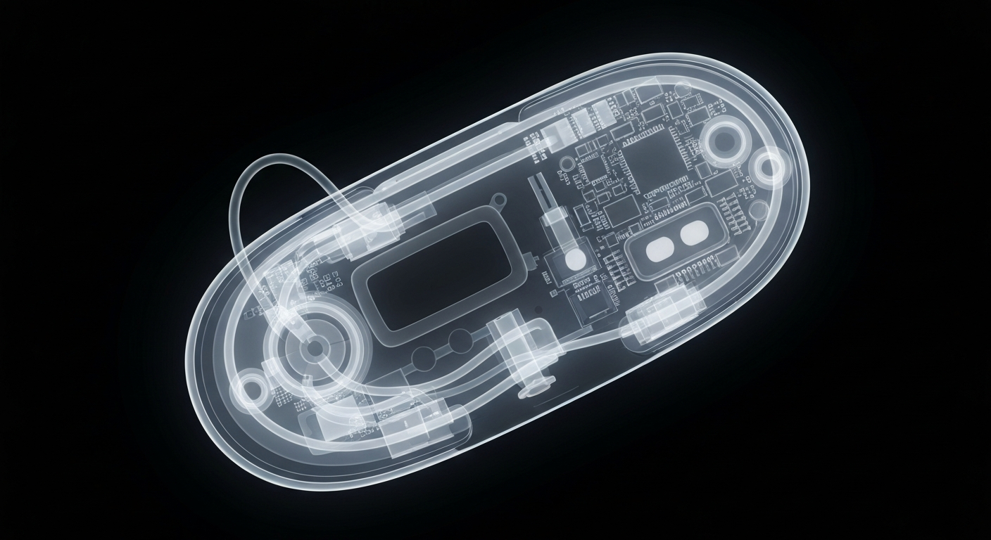 A translucent X-ray photograph revealing the intricate internal structure of a modern medical monitoring device, such as a wearable heart rate sensor or a wireless glucose monitor, shown as a glowing, ghostly outline against a dark background.