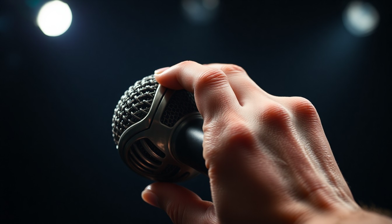 An extreme close-up of a hand holding a vintage microphone, the metal and fabric textures glittering under dramatic studio lighting, conceptually representing the multifaceted artistry of Lynn Tate.