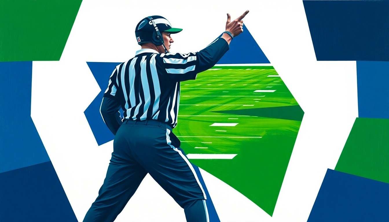 A cubist, geometric painting depicting an NFL referee making a call, with the figure broken into overlapping planes of navy blue, forest green, and bright white.