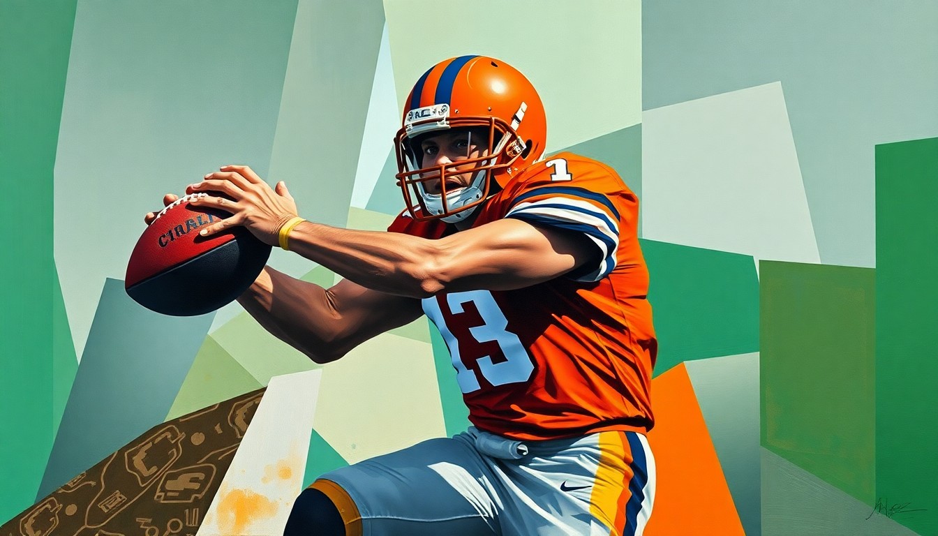 A fragmented, geometric painting depicting a football player in mid-air making a catch, with sharp planes of color and overlapping perspectives conveying the athleticism and skill of the player.