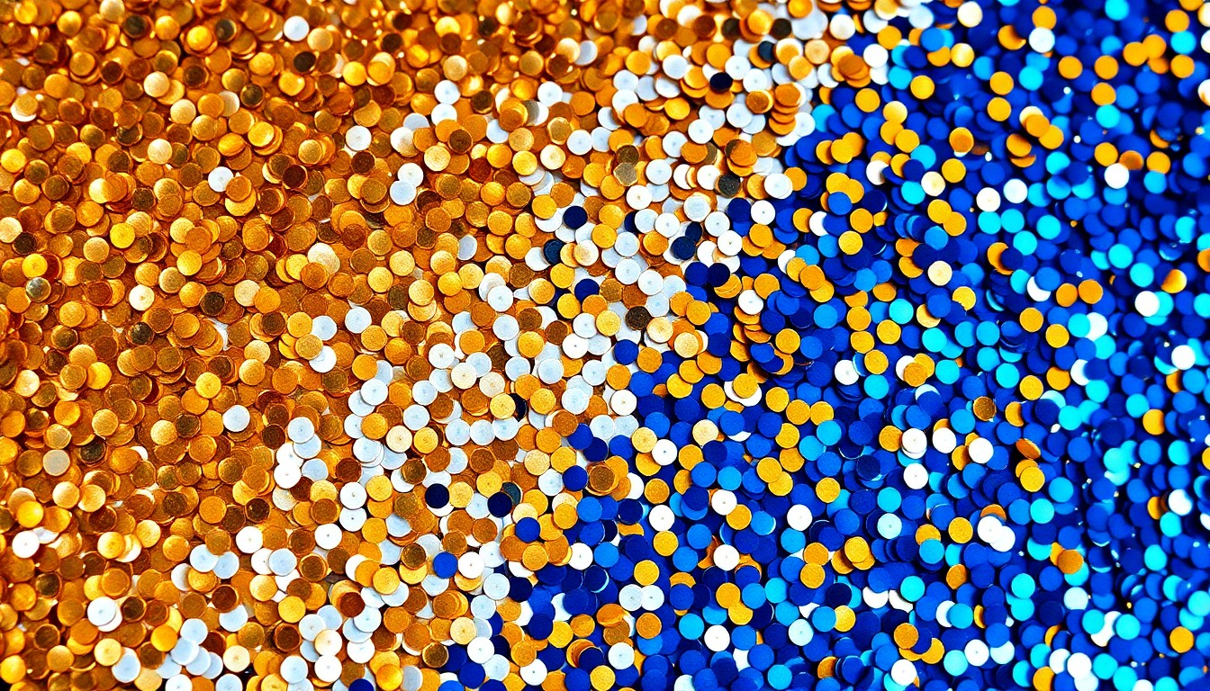 An extreme close-up photograph of shimmering, high-contrast sequins in metallic gold, silver, and deep blue tones, capturing the glamorous aesthetic of a major live event production.