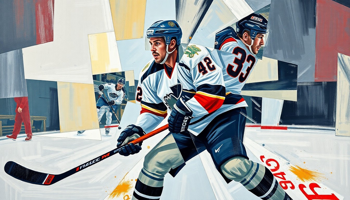 A cubist, geometric painting depicting a hockey defenseman in motion, with sharp, overlapping planes of color and form representing the fractured, multi-perspective nature of the sport.