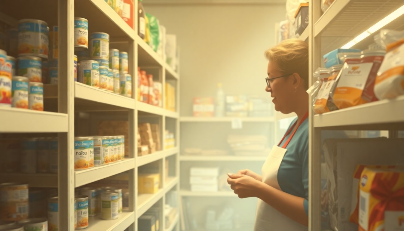An abstract, out-of-focus photograph of a food pantry volunteer stocking shelves with various protein-rich items, conveying the warm, compassionate spirit of community support.