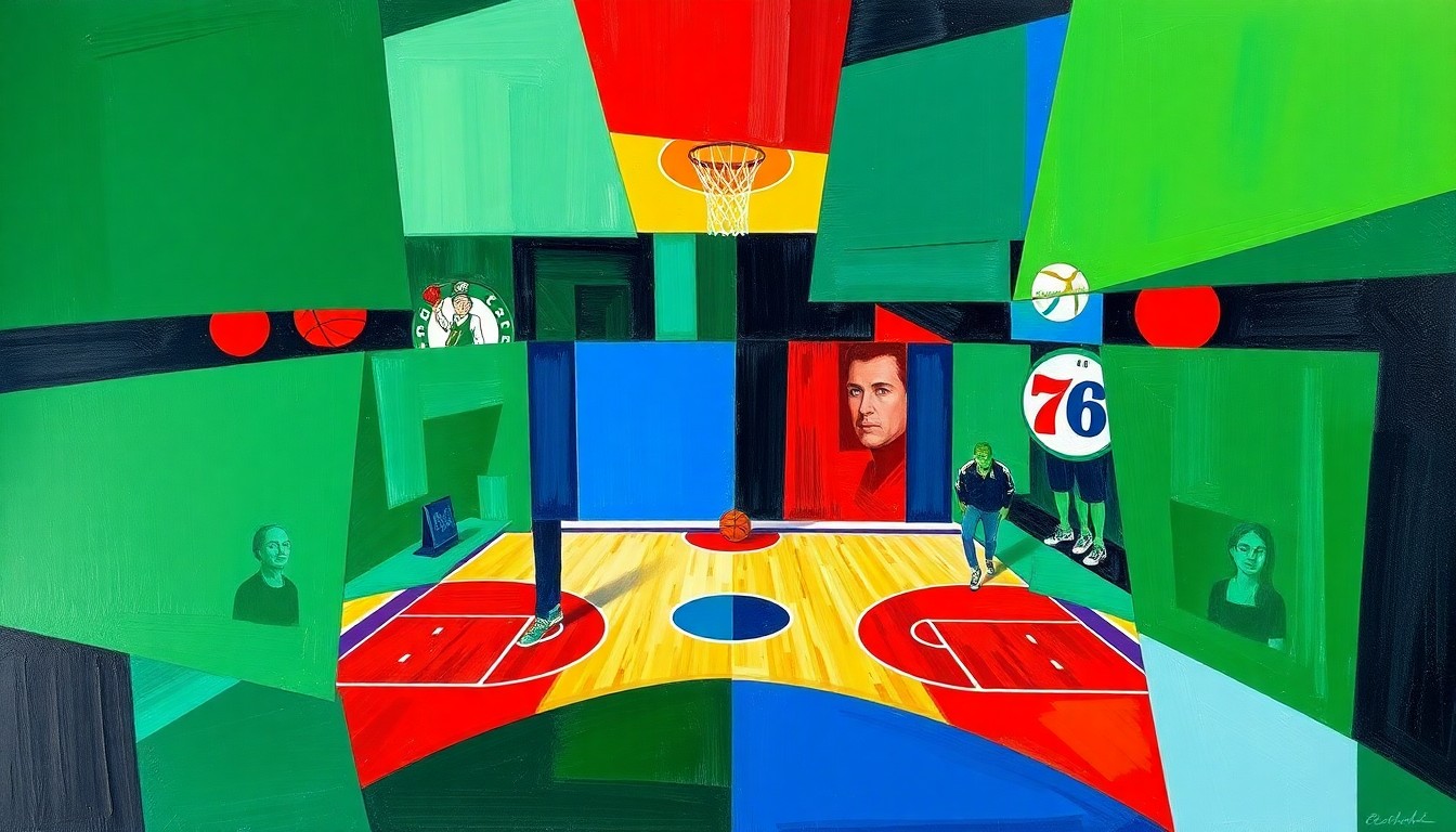 A fragmented, cubist-style painting depicting the intense action and competition of a basketball game between the Celtics and 76ers, with sharp geometric shapes and planes of bright, contrasting colors.