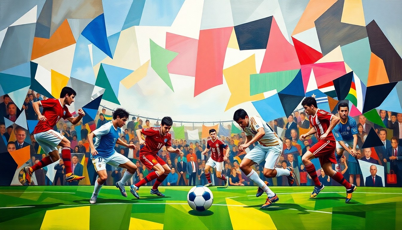 A cubist, geometric painting depicting an abstract soccer match between the Iranian and American national teams, with the players' forms broken down into sharp, overlapping shapes in a chaotic, multi-perspective composition.