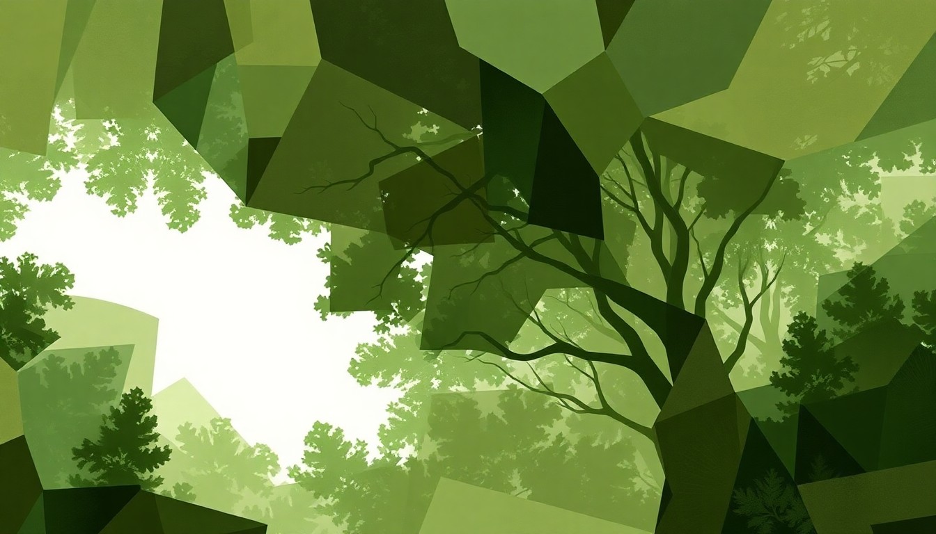 A fractured, abstract painting in shades of green, brown, and grey, depicting the silhouette of a forest canopy in motion, conceptually representing the changes to Forest Service management in Idaho.