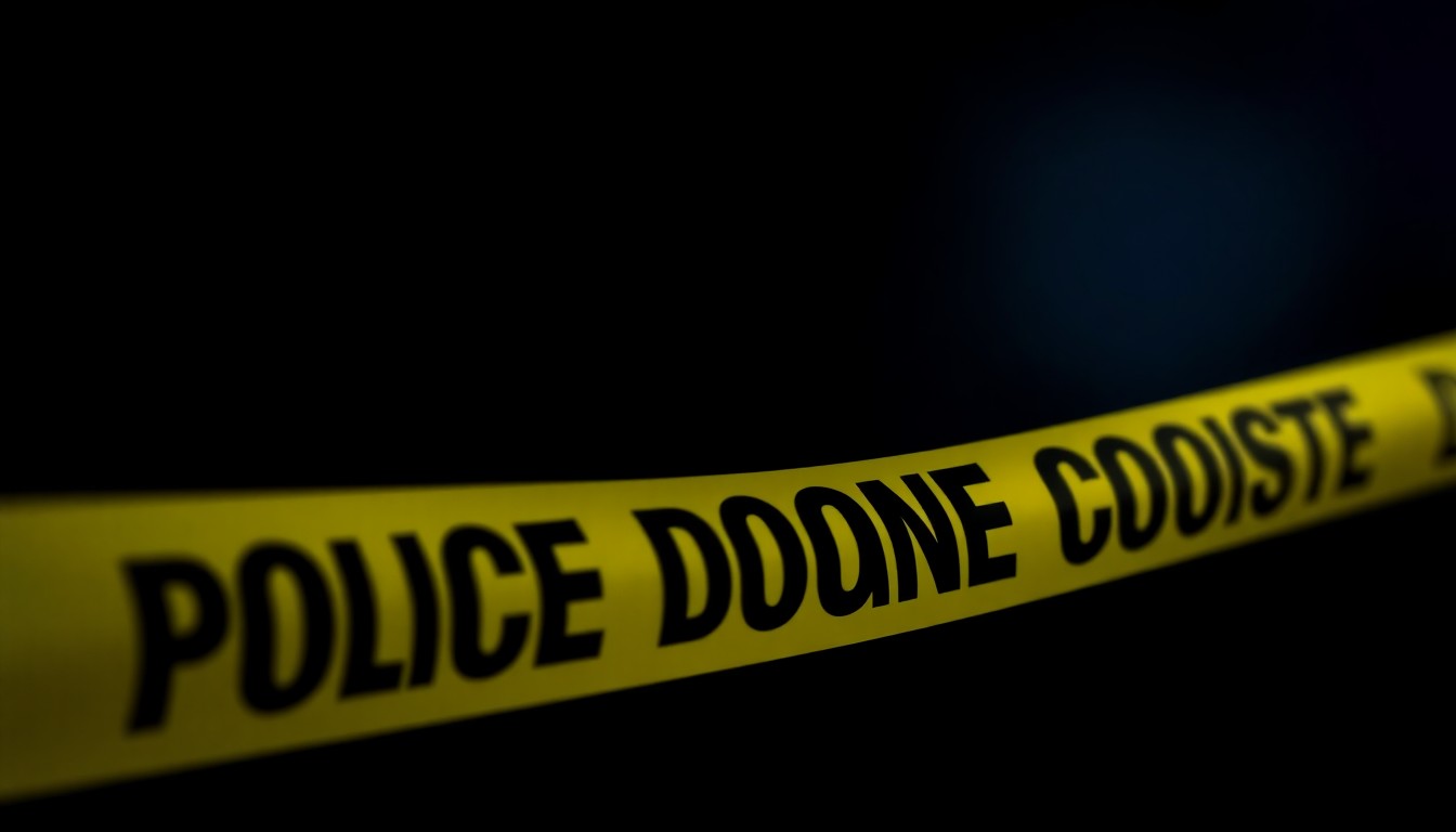 An extreme close-up of a police evidence marker or crime scene tape, dramatically lit by a harsh flash against a dark background, conveying the serious and investigative nature of the bomb threat incident.