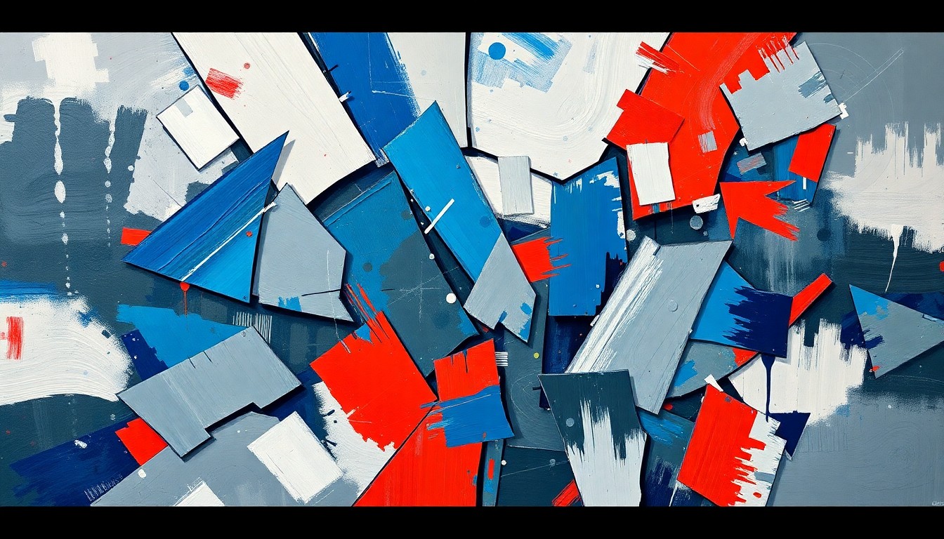 A conceptual, abstract painting featuring overlapping, fragmented geometric shapes and brushstrokes in shades of blue, grey, and red, conveying the dynamic, fast-paced changes in the job market and workforce training needs.
