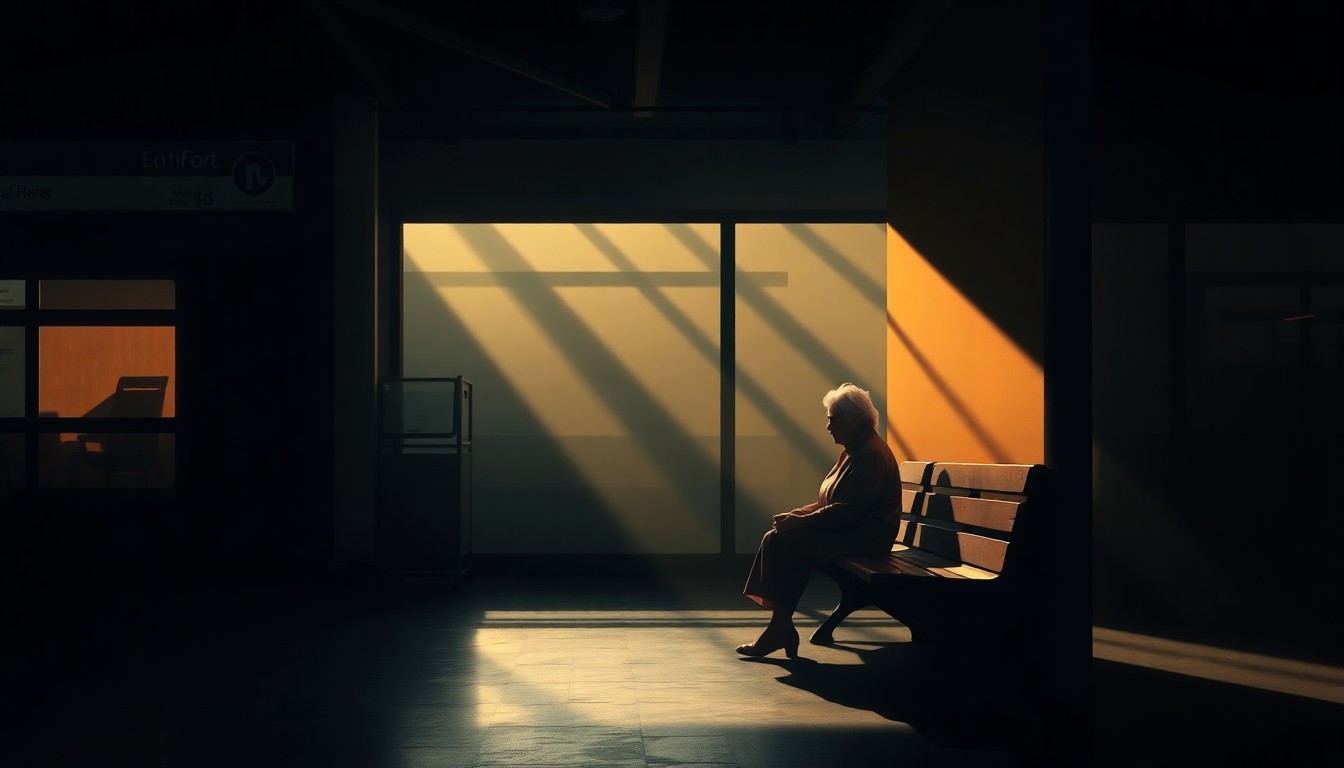 A solitary, elderly woman sits alone on a wooden bench in a dimly lit bus station, the warm glow of sunlight casting deep shadows across her face and the surrounding space, conveying a sense of isolation and melancholy.