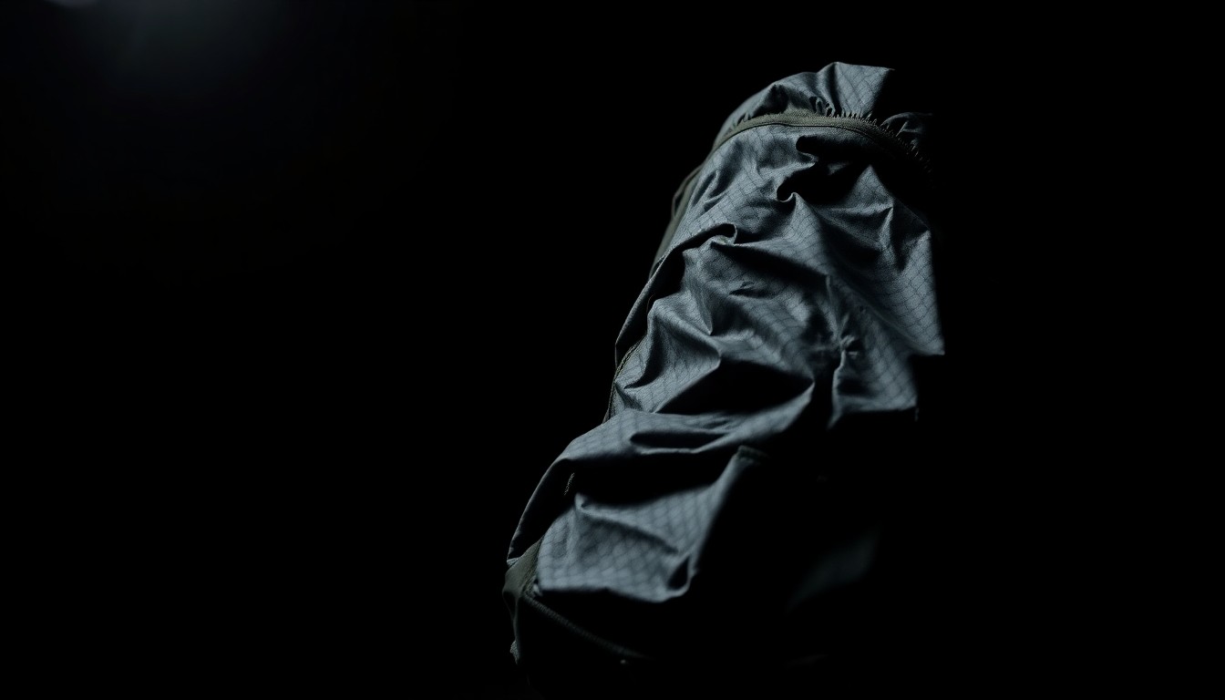 An extreme close-up of a crumpled, water-damaged camper's backpack against a stark black background, conveying the grim aftermath of the Camp Mystic flood tragedy.
