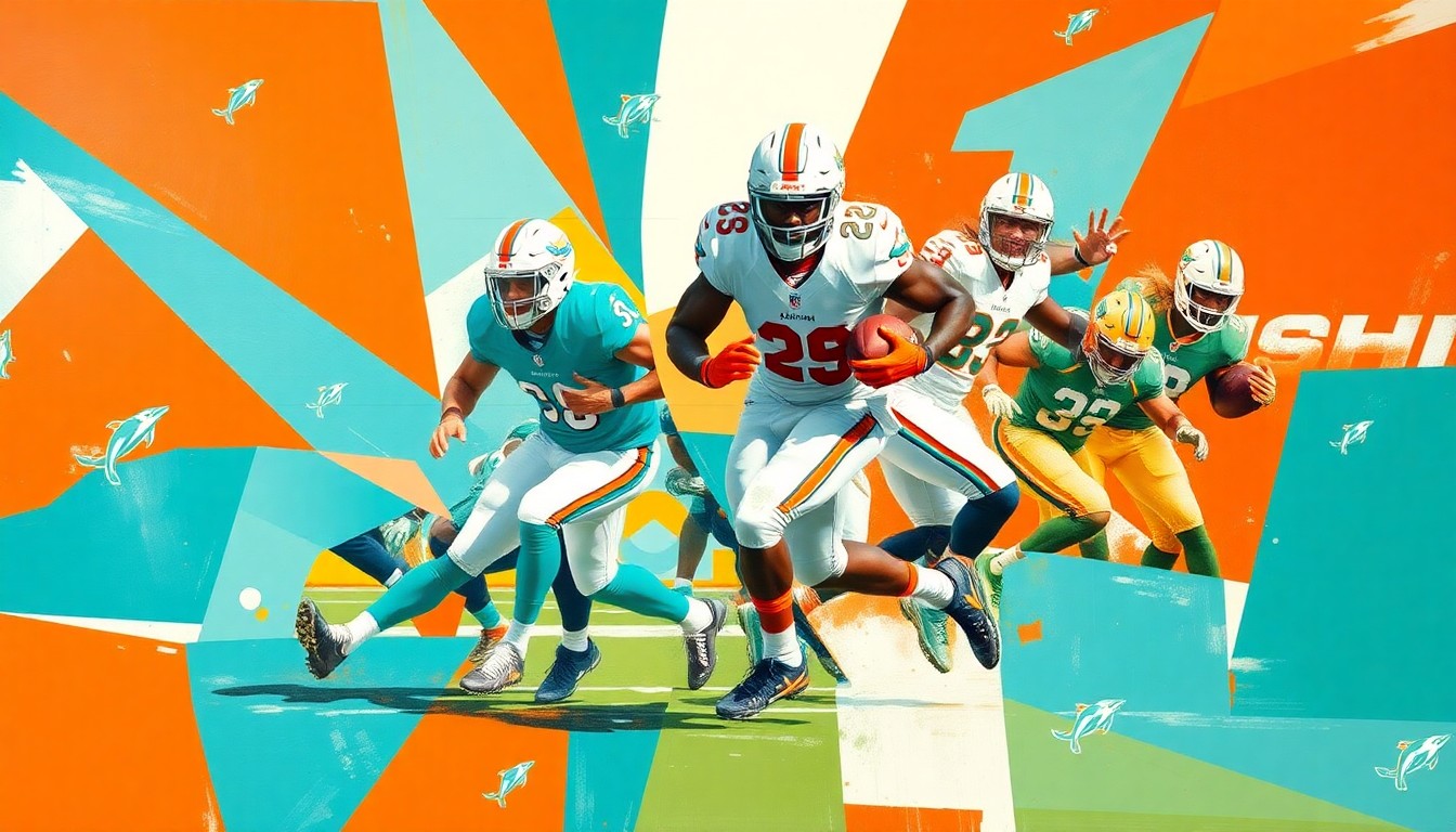 A fractured, geometric painting depicting a Miami Dolphins running play, with sharp planes of aqua, orange, and white overlapping to capture the dynamic motion and energy of the running back's movements.