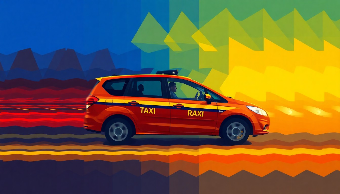 A dynamic, abstract painting featuring overlapping, fragmented shapes and lines in shades of blue, yellow, and red, conceptually representing the motion and energy of rideshare vehicles.