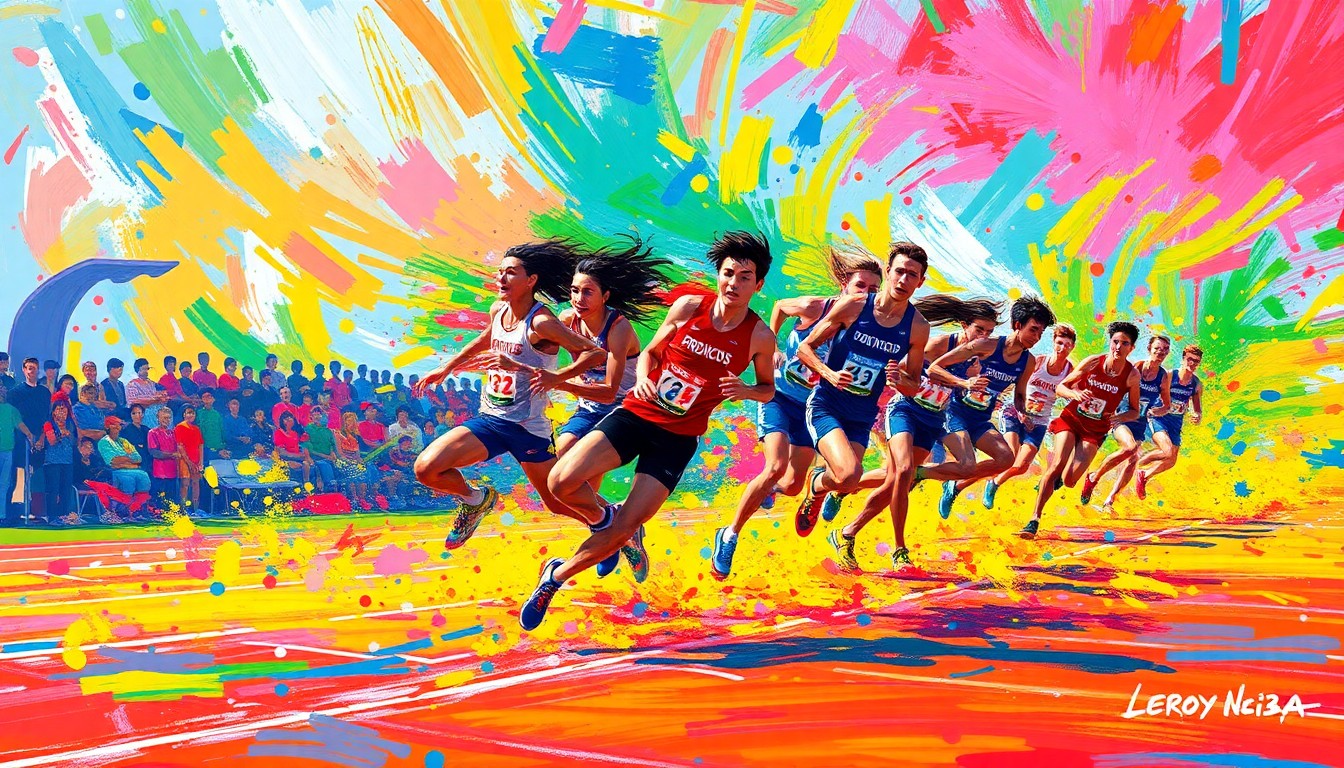 An abstract, energetic painting featuring vibrant neon brushstrokes and splatters of color, capturing the raw athleticism and movement of a high school track relay race.