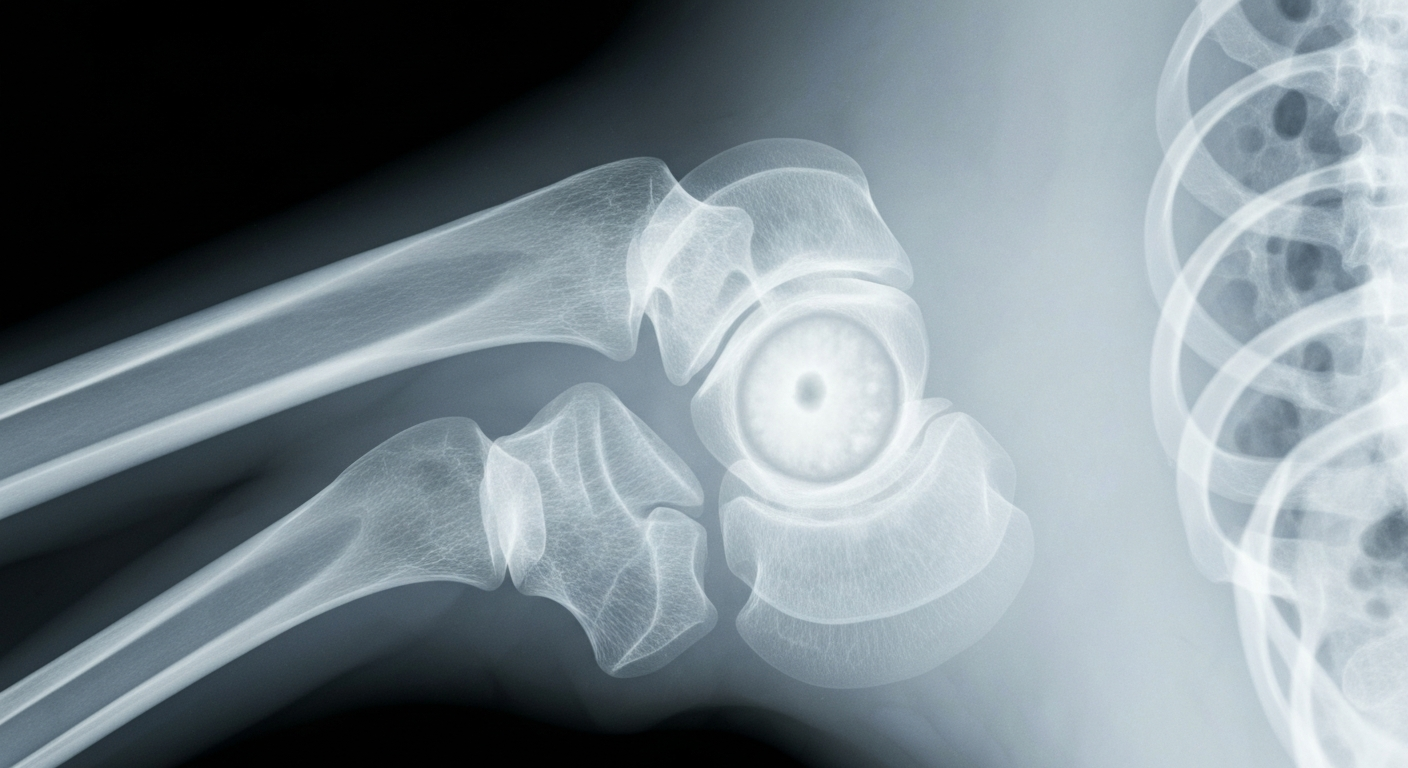 A ghostly X-ray image revealing the internal structure of a human bone with a faint outline of a cancerous tumor, conceptually representing the new clinical trial's focus on improving treatment options for pediatric bone cancers.