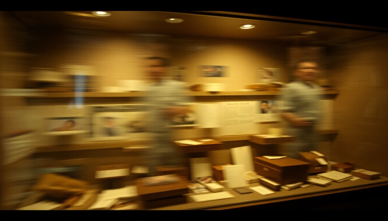 An abstract, out-of-focus photograph showing the interior of a display case at the Oklahoma City National Memorial Museum, filled with personal items and debris from the 1995 bombing, all captured in soft, warm pools of color and light.