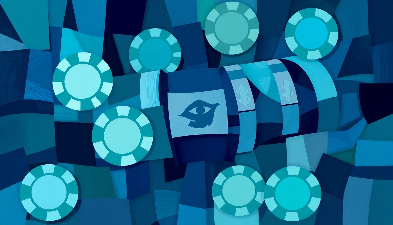 A fractured, geometric painting of casino-related objects in overlapping waves of color, conceptually representing the chaotic and unregulated nature of sweepstakes casinos.