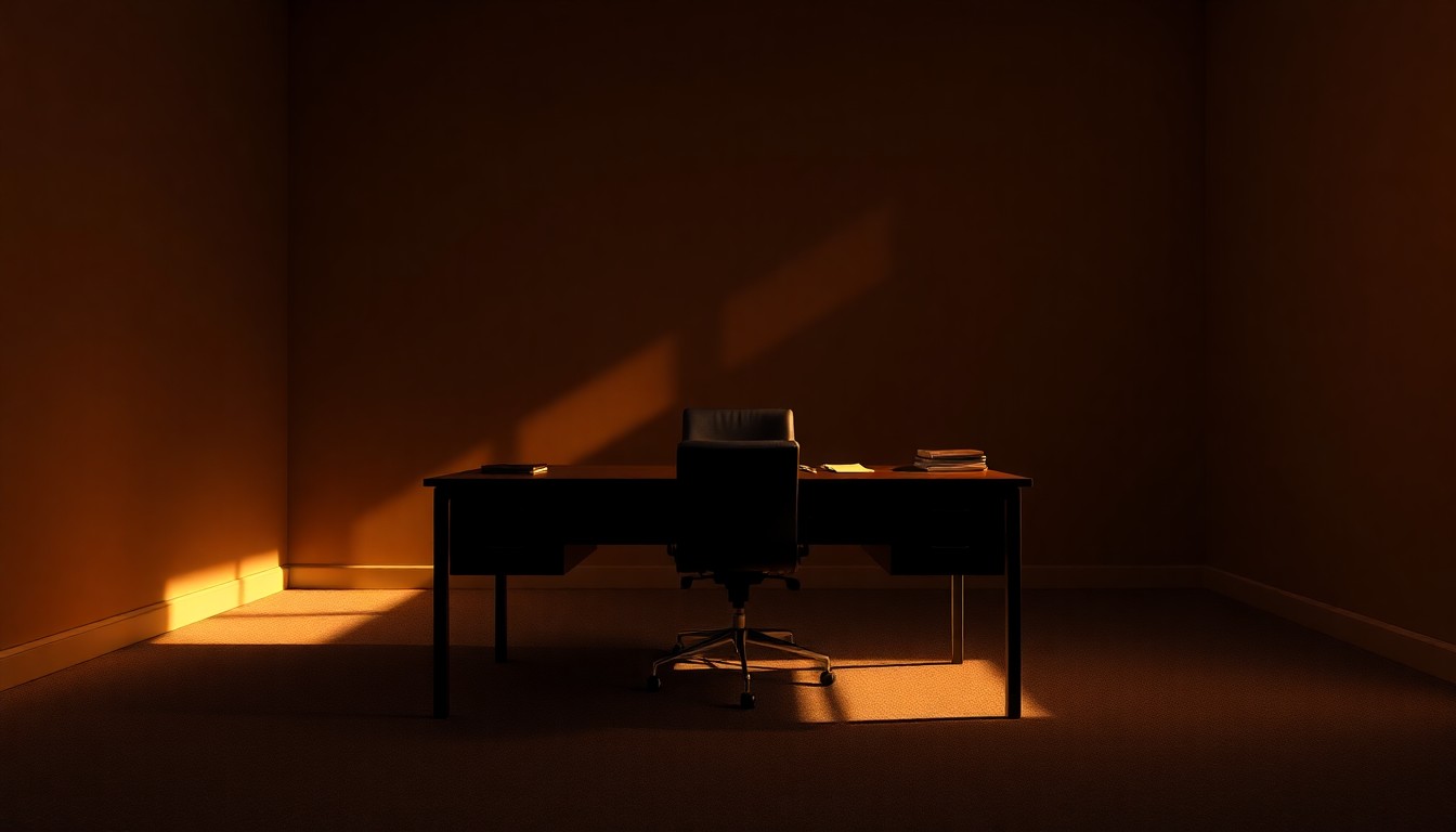 A dimly lit, shadowy office desk in a warm, cinematic light, conveying a sense of isolation and unease around a powerful political figure's legal troubles.