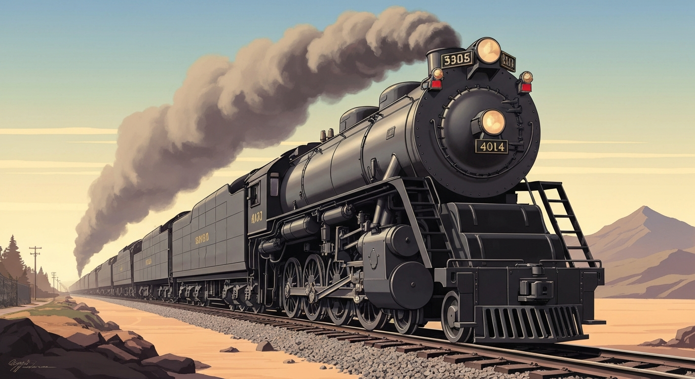A bold, geometric Art Deco-style illustration depicting the massive silhouette of the Big Boy 4014 steam locomotive cutting through a dramatic landscape, capturing the grand scale and sweeping power of this historic machine.