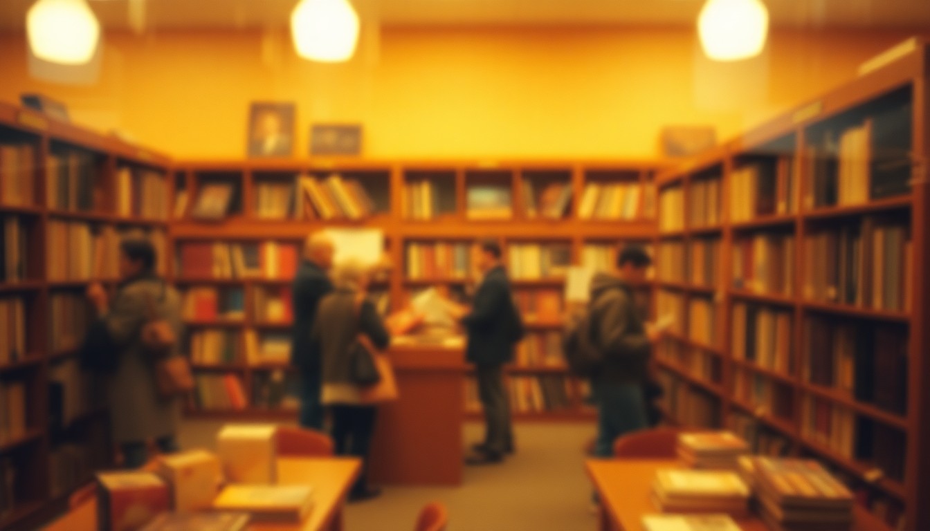 An extremely blurred, impressionistic photograph of people browsing bookshelves in a warm, inviting library setting, conveying a sense of community engagement and discovery.