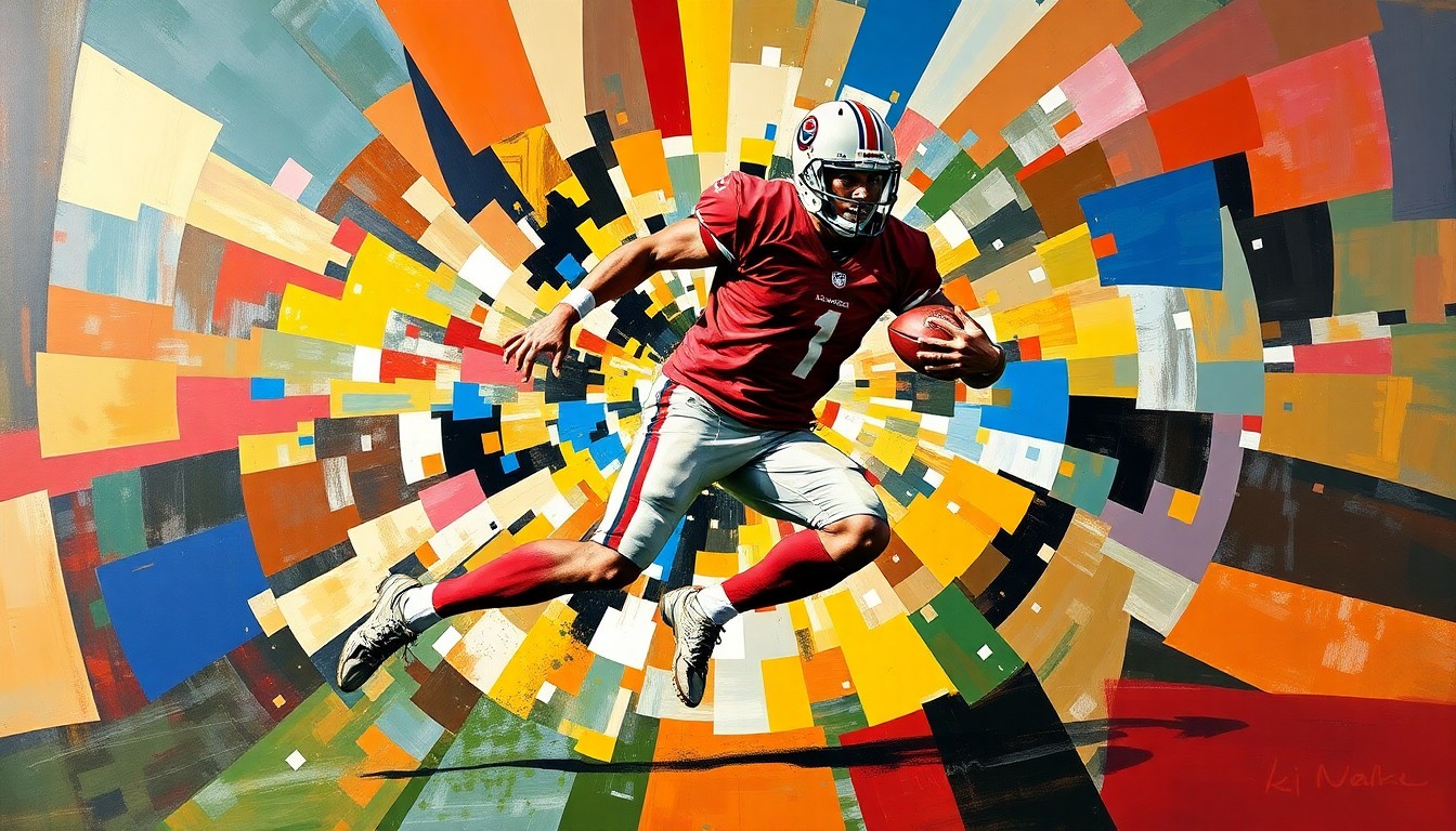 A cubist, geometric painting depicting a football player's explosive movements and energy, with sharp, overlapping planes of color and form.