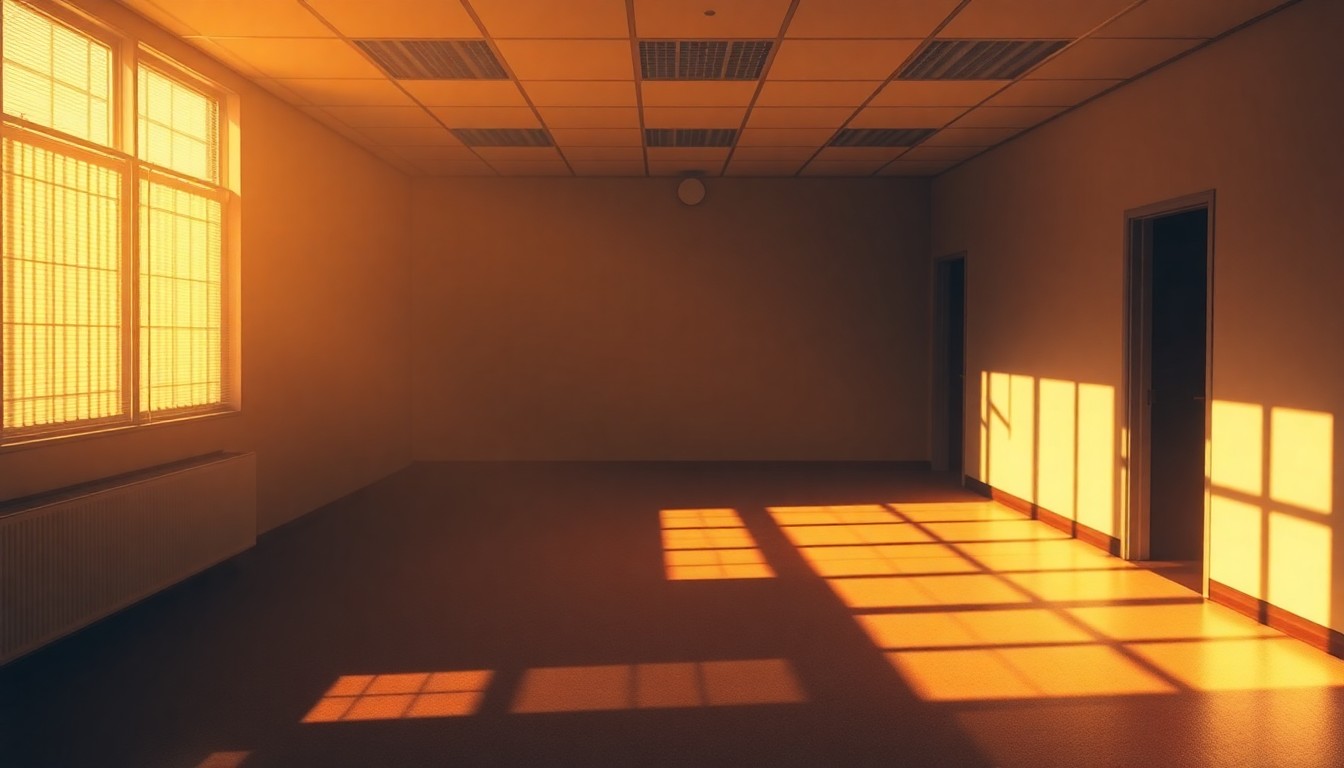 A dimly lit, cinematic painting of an empty government office space, with warm sunlight streaming through the windows and deep shadows covering the desks and chairs, conveying a sense of quiet contemplation and unease about the state's responsibility for youth in its care.