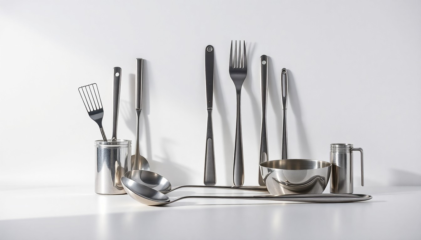 A high-end studio still life photograph featuring a collection of premium, polished stainless steel kitchen tools and utensils arranged elegantly on a clean, monochromatic background with dramatic lighting and shadows.