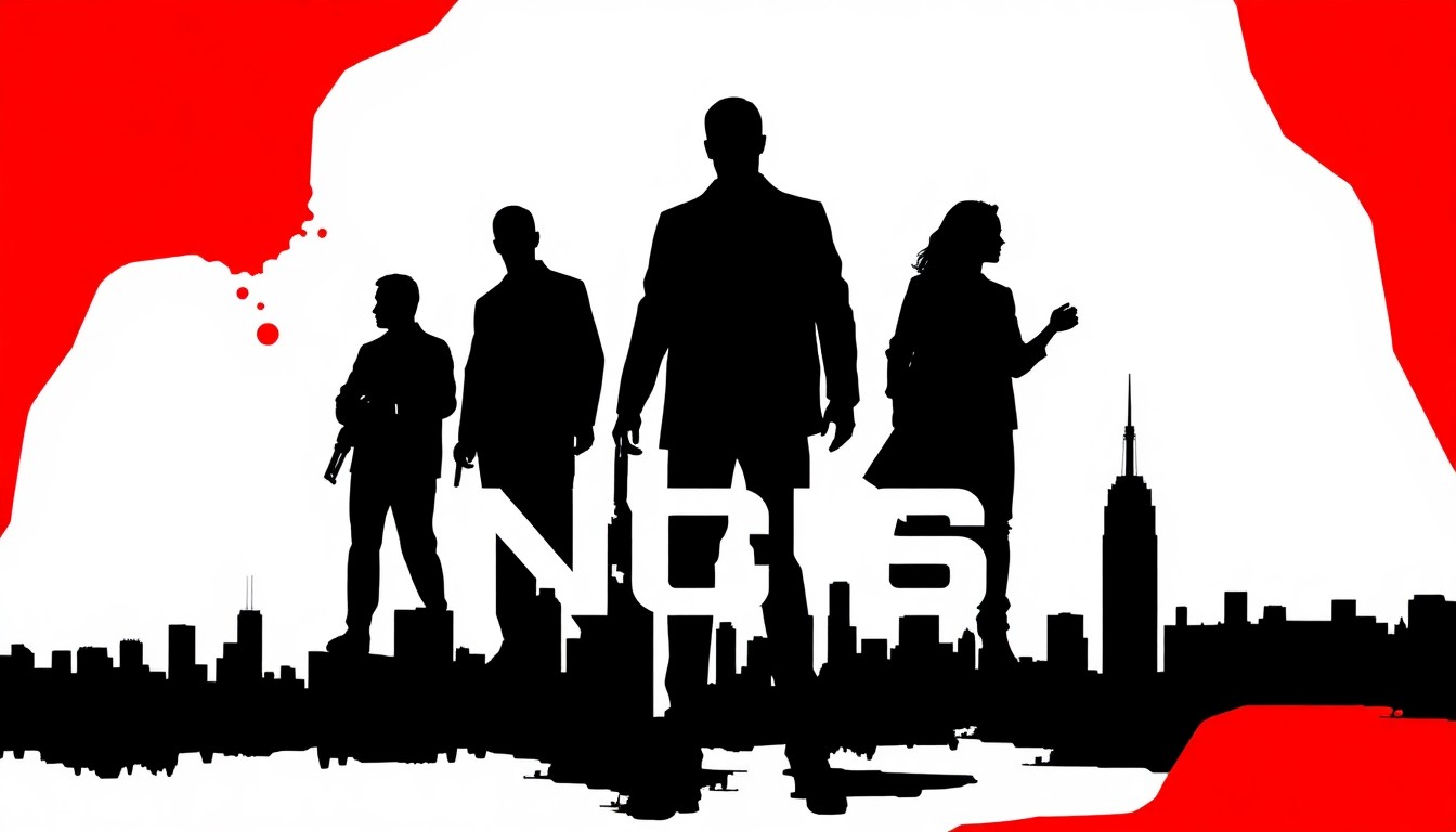 A minimalist, abstract illustration featuring bold black silhouettes and high-contrast red and white geometric shapes, conceptually representing the 'NCIS' franchise and its move to New York City.