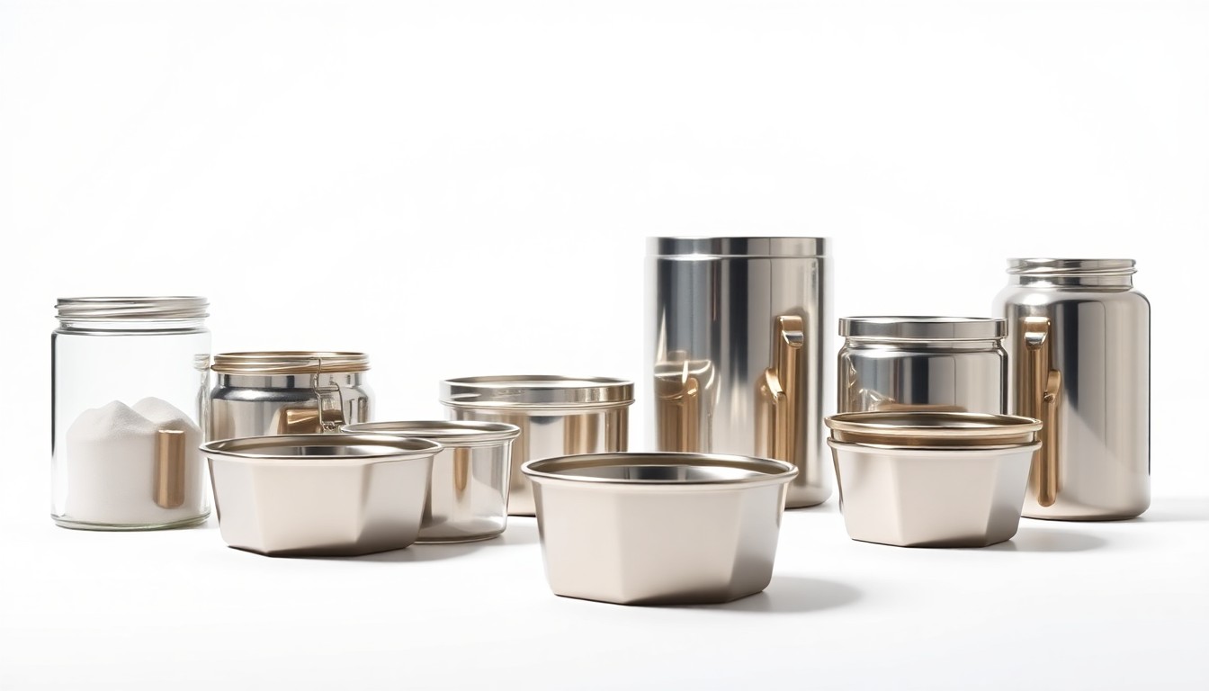 A conceptual studio still life photograph featuring a group of premium, polished metal and glass containers in various geometric shapes, arranged elegantly on a solid white background to convey a sense of corporate strategy, efficiency, and growth in the frozen food manufacturing industry.