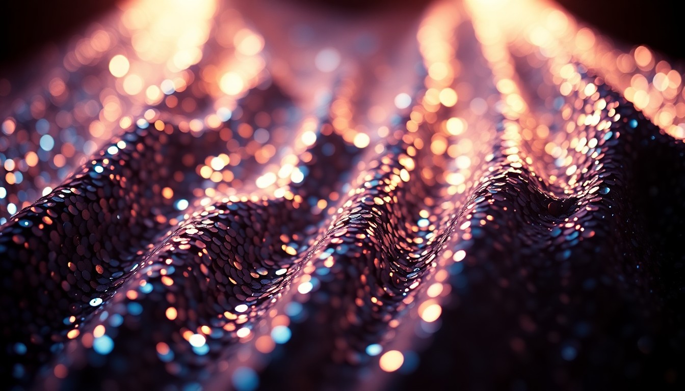 An extreme close-up of shimmering, glittering sequins captured in dramatic, high-contrast studio lighting, conceptually representing the glamour and high-stakes drama of the soap opera genre.