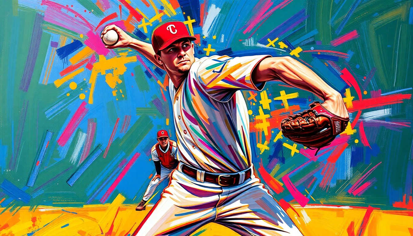 An abstract, energetic painting featuring bold brushstrokes and neon colors that capture the dynamic motion and power of a baseball pitcher in action.